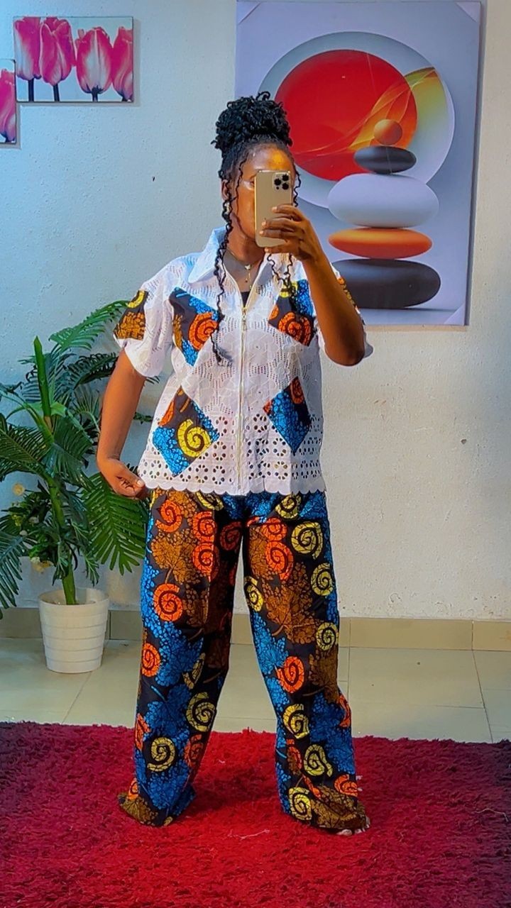 African Baggy Ankara Bottom And Lace Top Two Piece Set Size 10-16