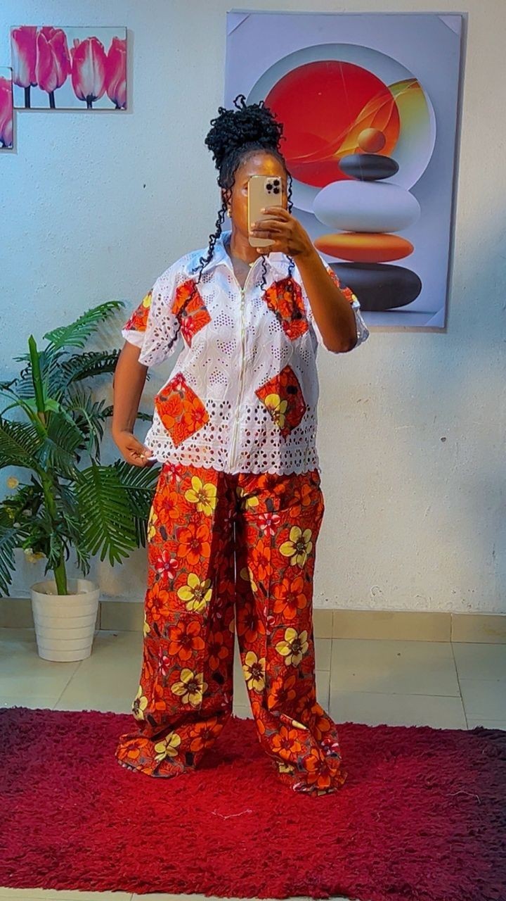 African Baggy Ankara Bottom And Lace Top Two Piece Set Size 10-16