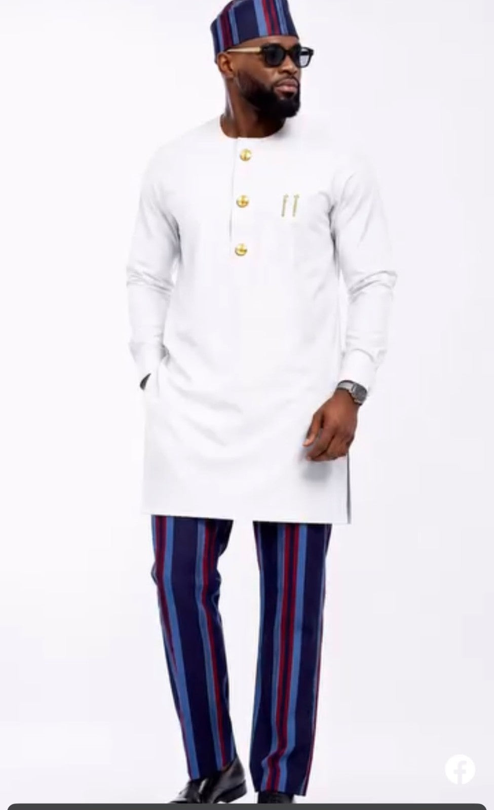 Men African Kaftan Tunic Top  with Aso Oke  Set with Trousers & Matching Cap 
