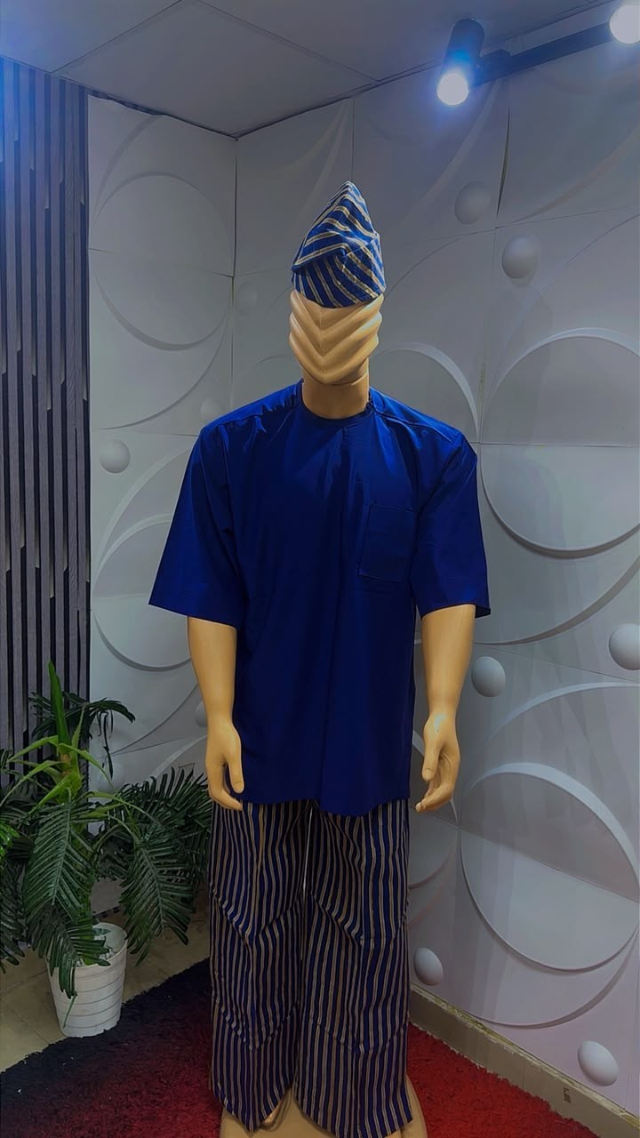 Men African Kaftan Tunic Top  with Aso Oke  Set with Trousers & Matching Cap 