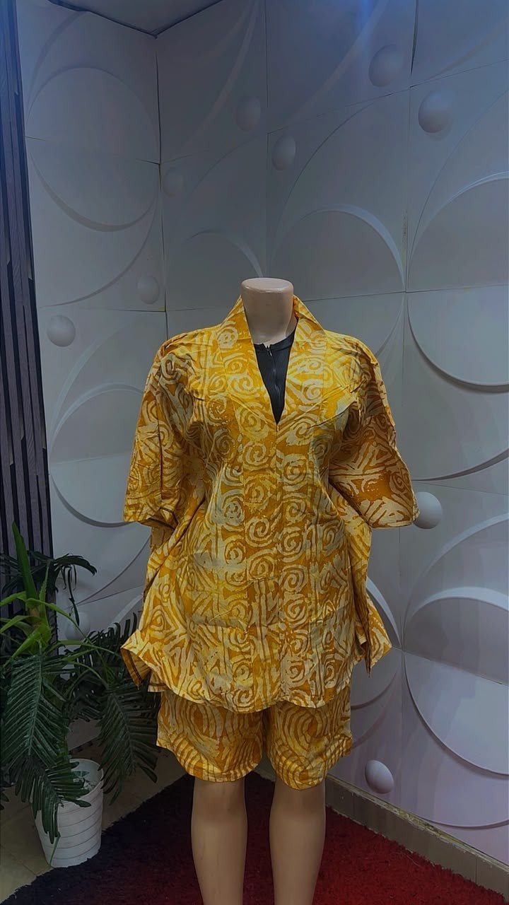 Women 100% Cotton Adire Abstract Yellow Two Piece Set Top & Shorts, size 10-16