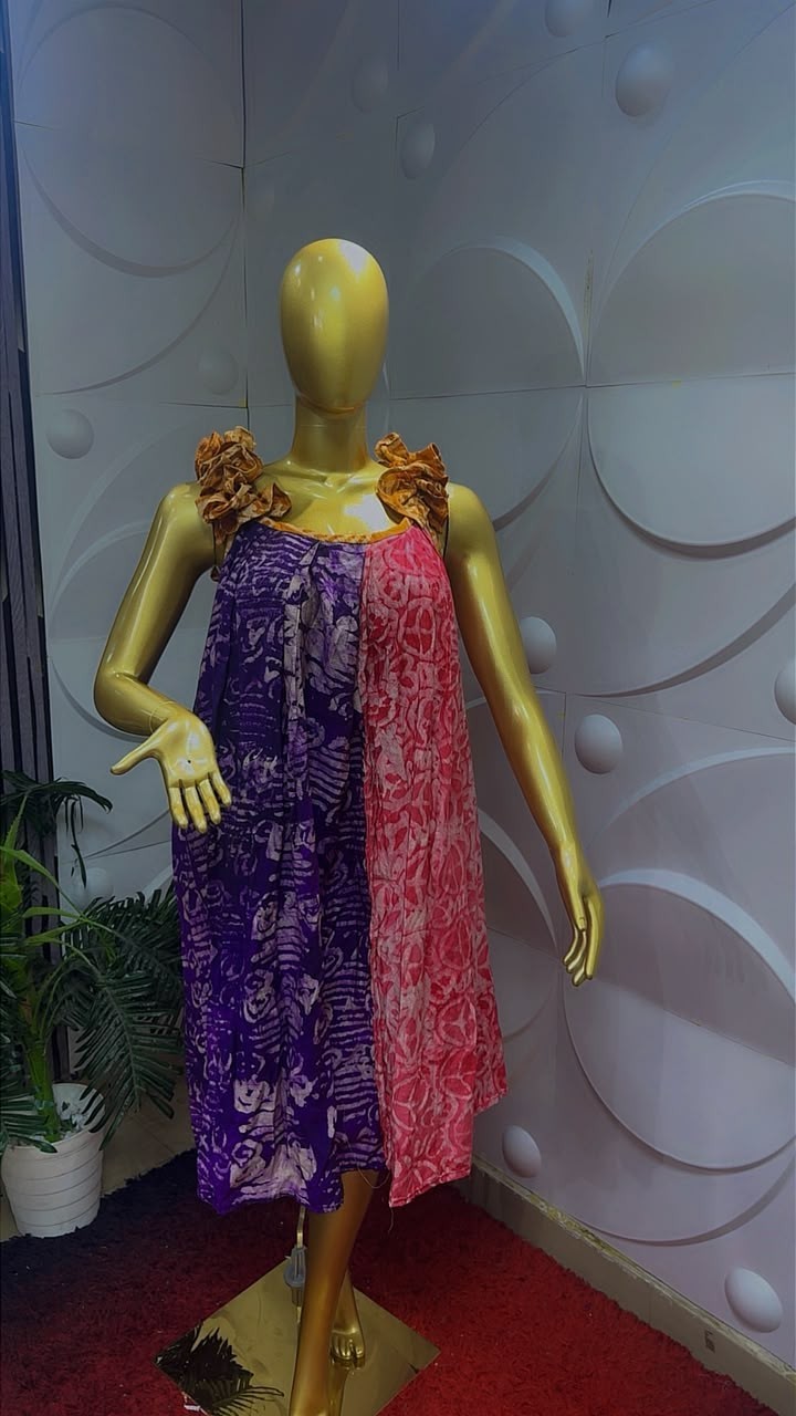 Women's Adire One Size Abstract Chiffon Ruffle Shift Midi Dress Square Neck
