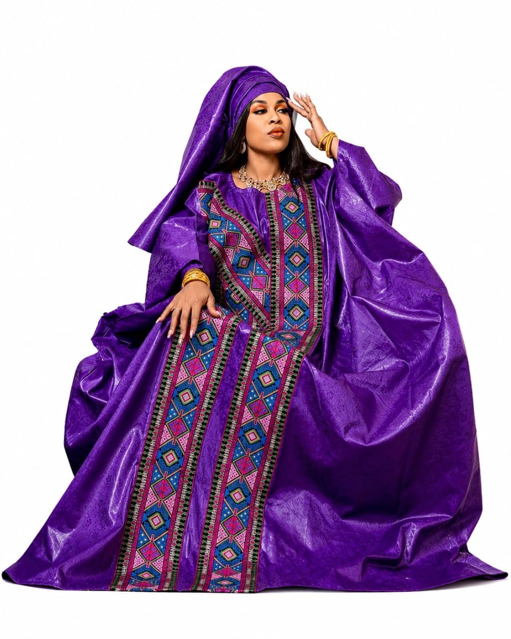 Women Senegal Kaftan Maxi Dress with Matching Headwrap Pink Polyester One Size