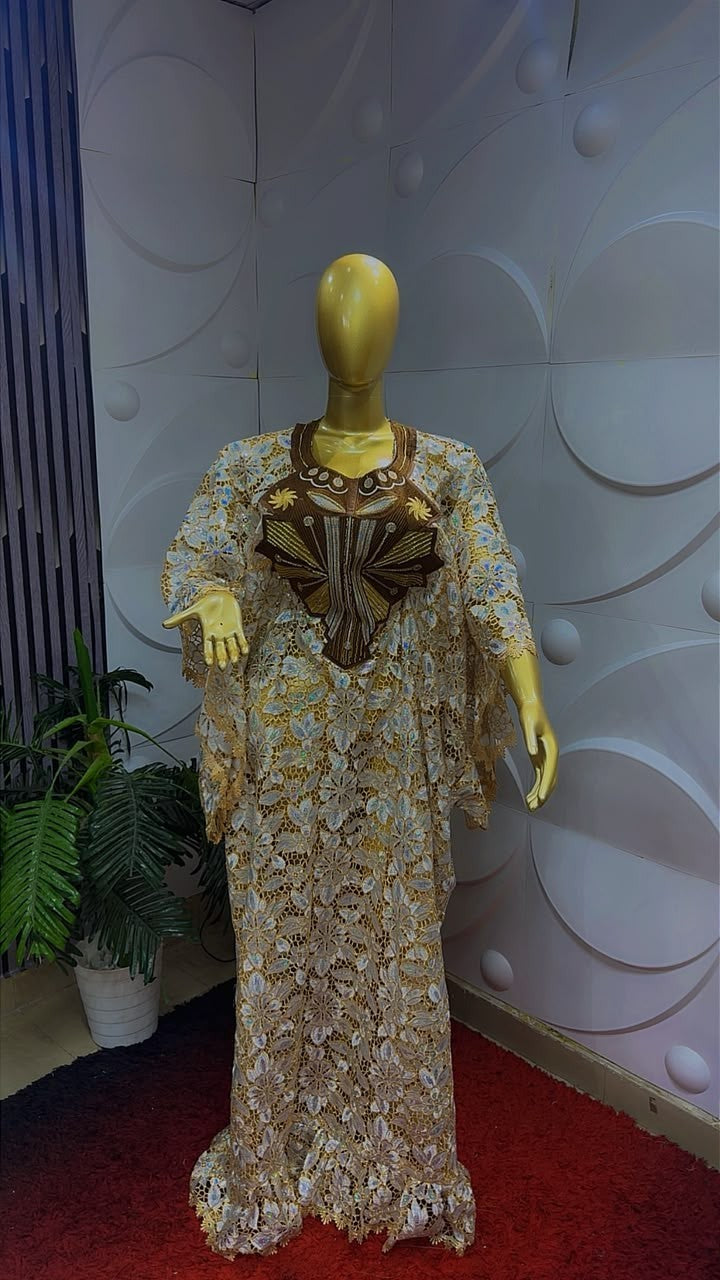 Women Nigerian Lace Kaftan/Boubou Maxi Dress Multicolour Circle Panel One Size