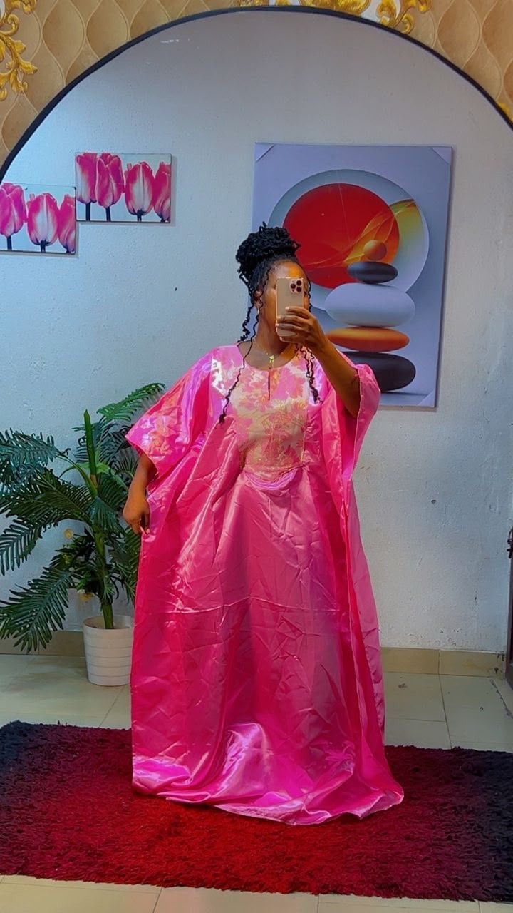 Women's One Size Pink Satin Embroidered Kaftan Maxi Dress Oversized Round Neck