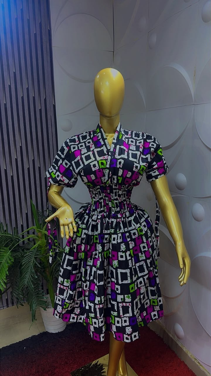 Women Nigerian Ankara African Print Skater Dress Short Sleeve  Multi One Size