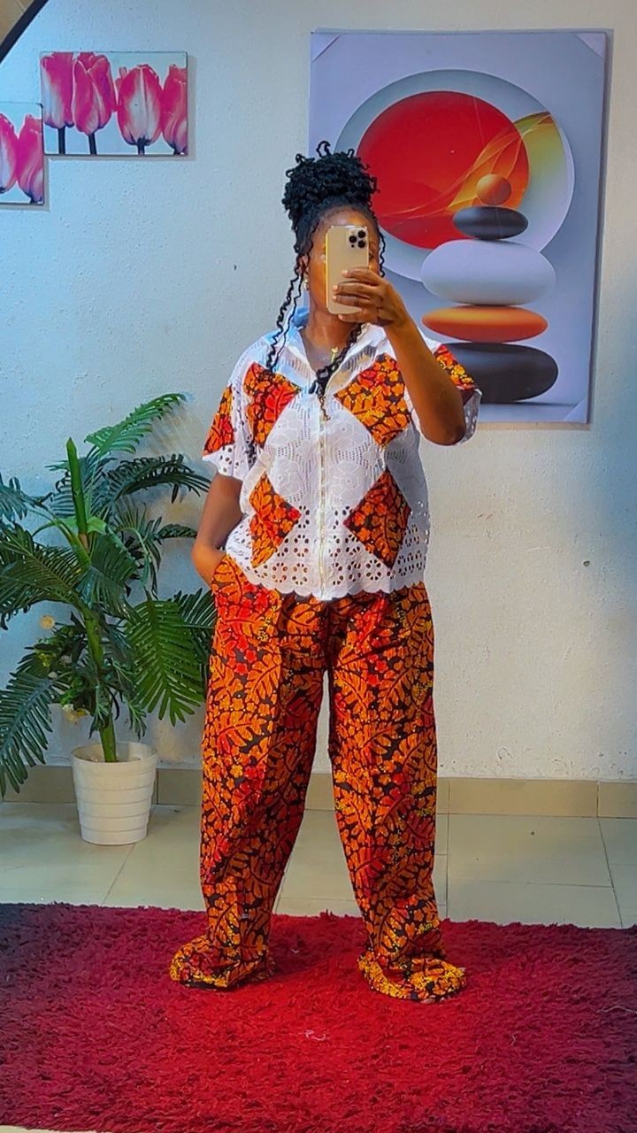 African Baggy Ankara Bottom And Lace Top Two Piece Set Size 10-16