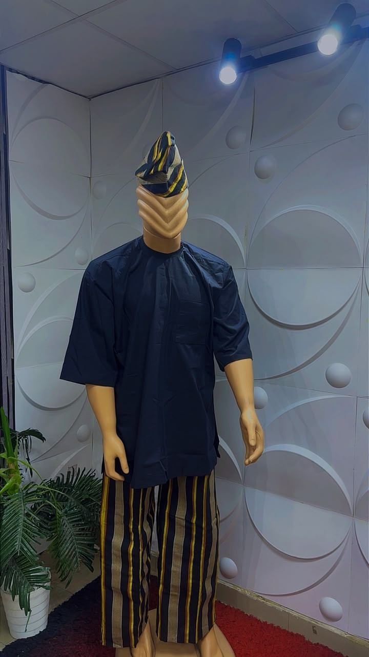 Men African Kaftan Tunic Top  with Aso Oke  Set with Trousers & Matching Cap 