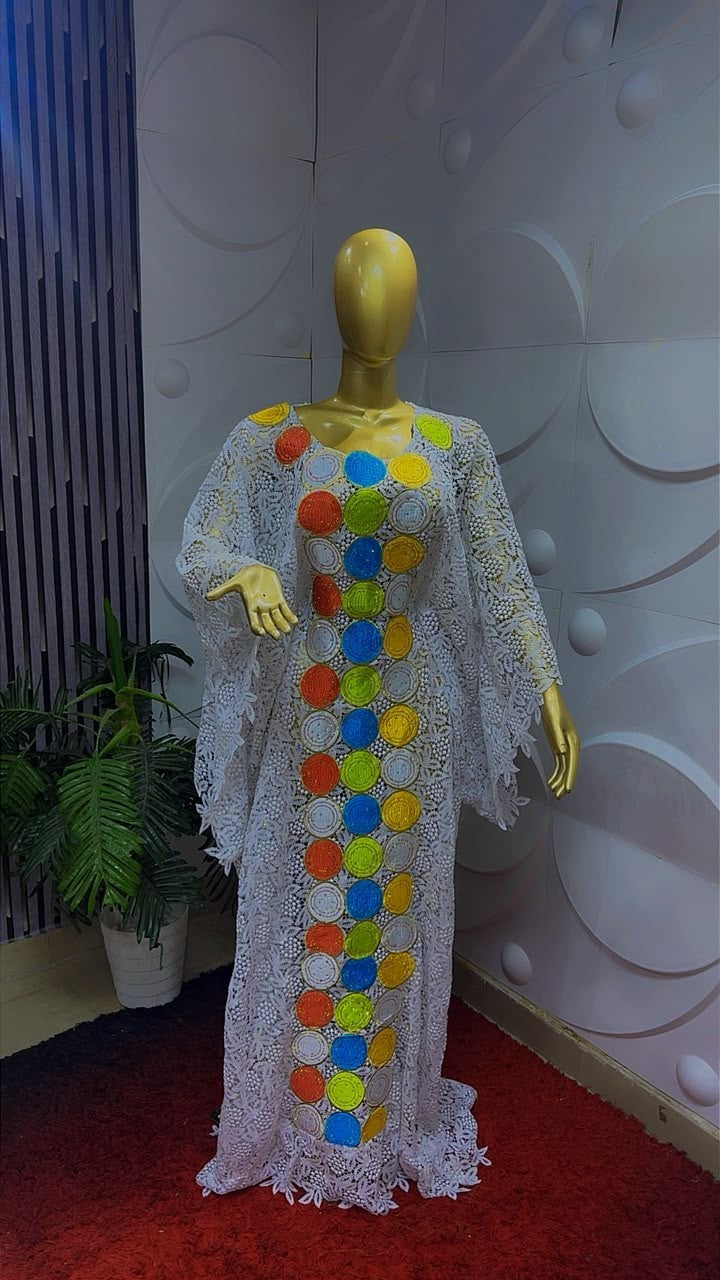 Women Nigerian Lace Kaftan/Boubou Maxi Dress Multicolour Circle Panel One Size