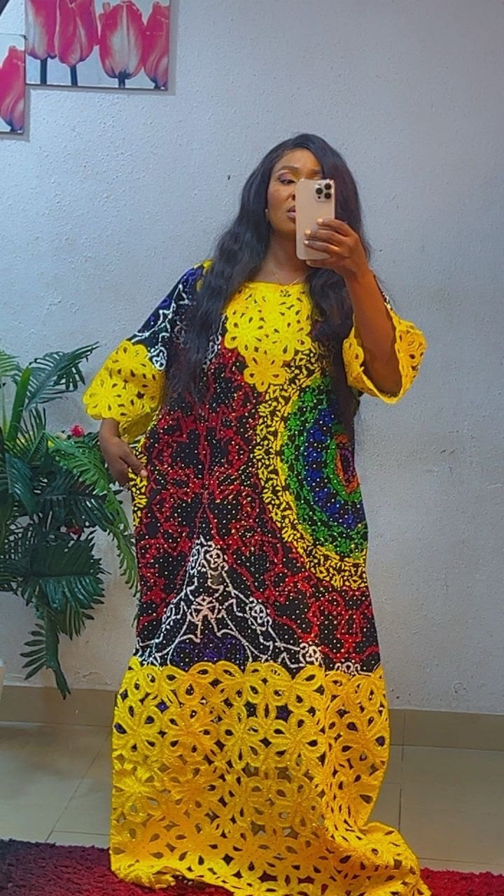 Women Nigerian Kaftan/Abaya Maxi Dress Multicolour Print Polyester One Size