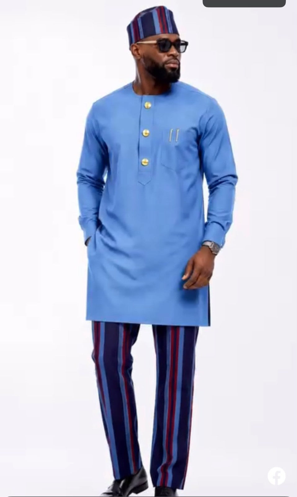Men African Kaftan Tunic Top  with Aso Oke  Set with Trousers & Matching Cap 