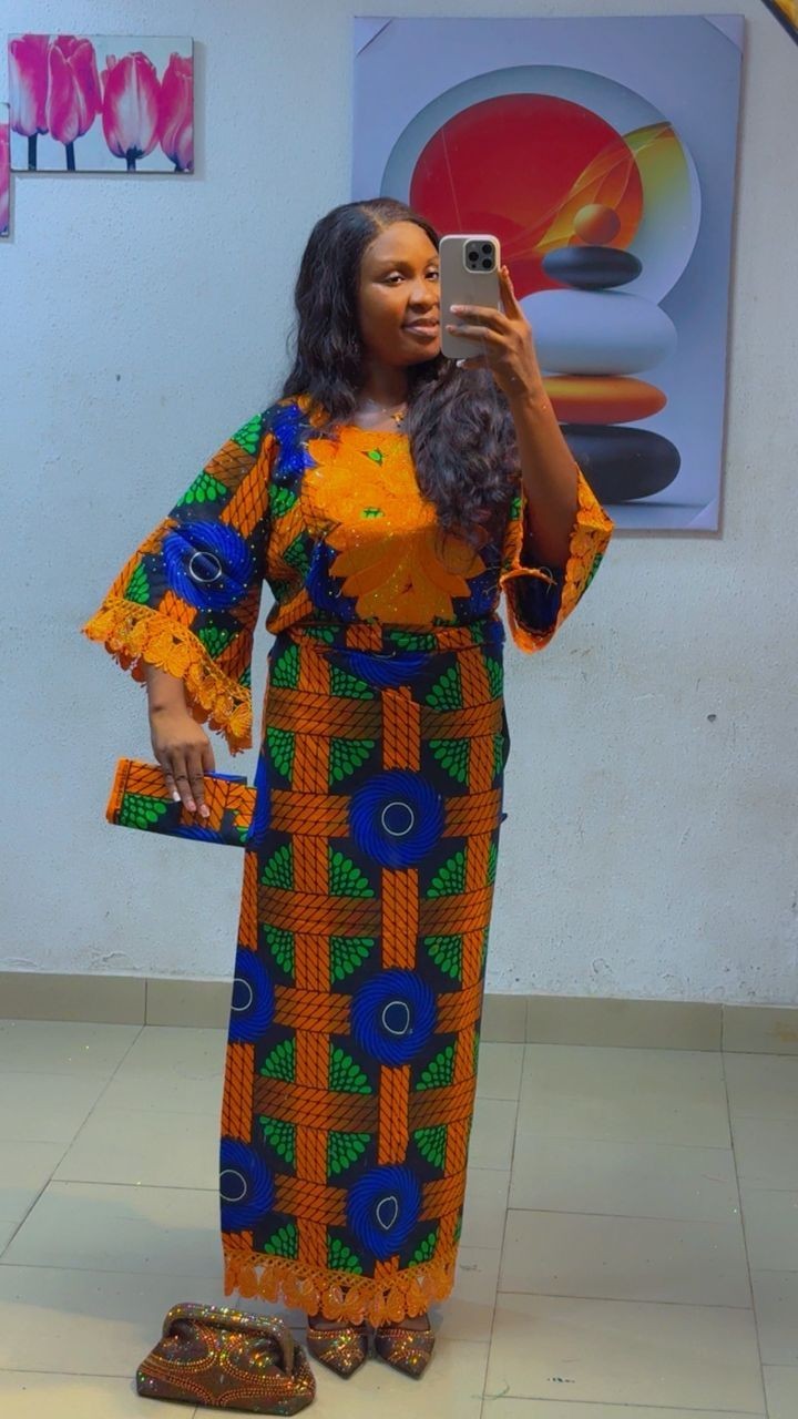 100% Ankara Two Piece with Lace and Scarf African Print Fabric