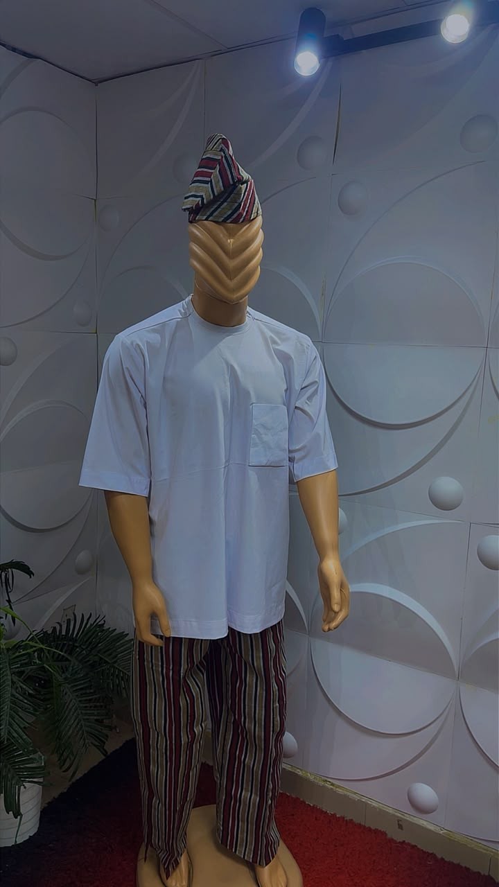 Men African Kaftan Tunic Top  with Aso Oke  Set with Trousers & Matching Cap 
