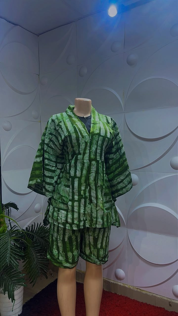 Women 100% Cotton Adire Abstract Yellow Two Piece Set Top & Shorts, size 10-16