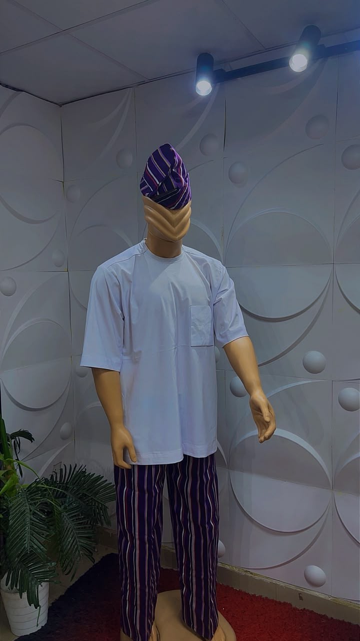 Men African Kaftan Tunic Top  with Aso Oke  Set with Trousers & Matching Cap 