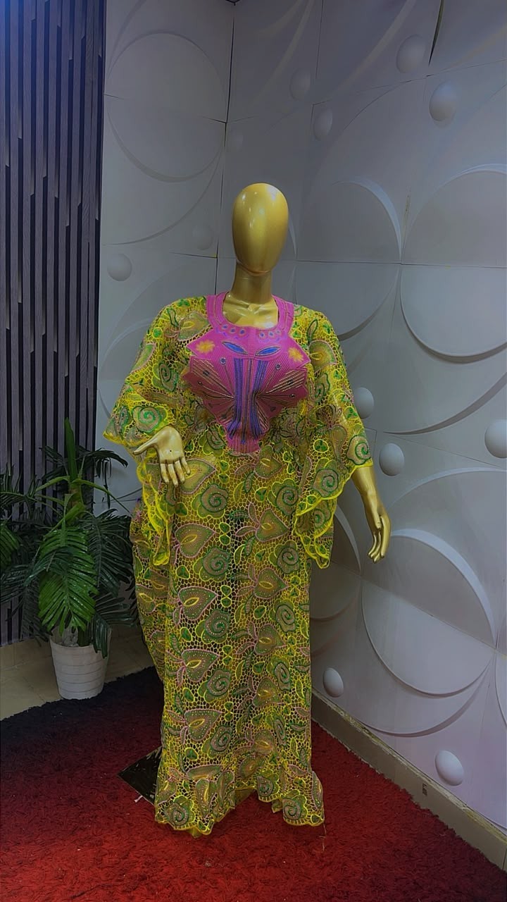 Women Nigerian Lace Kaftan/Boubou Maxi Dress Multicolour Circle Panel One Size