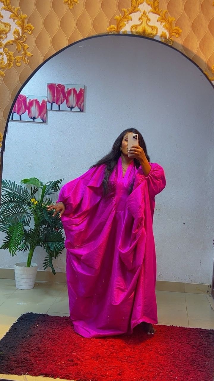 Women's One Size Pink Satin Embroidered Kaftan Maxi Dress Oversized Round Neck