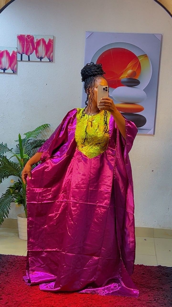 Women's One Size Pink Satin Embroidered Kaftan Maxi Dress Oversized Round Neck