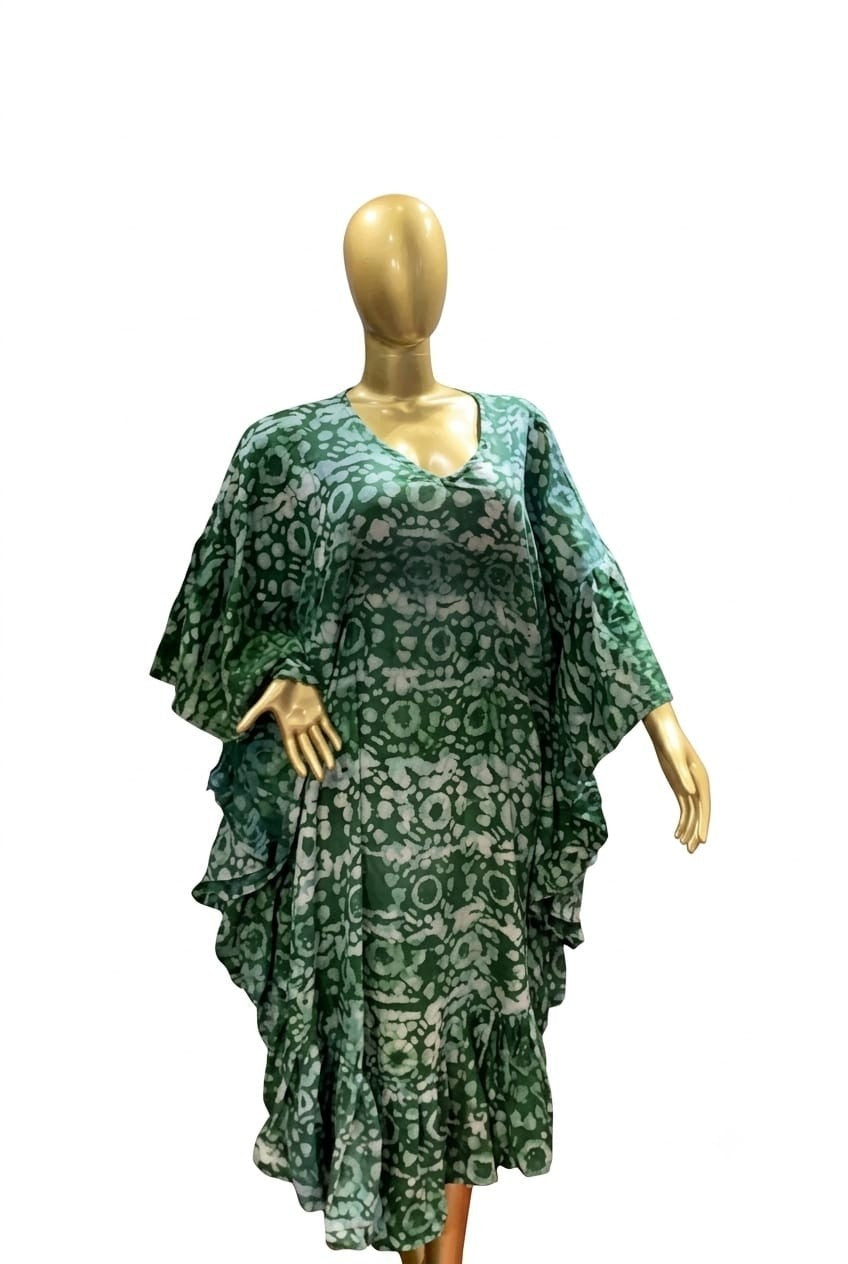 Women's Adire One Size Green Floral Chiffon Ruffle Kaftan Midi Dress V-Neck