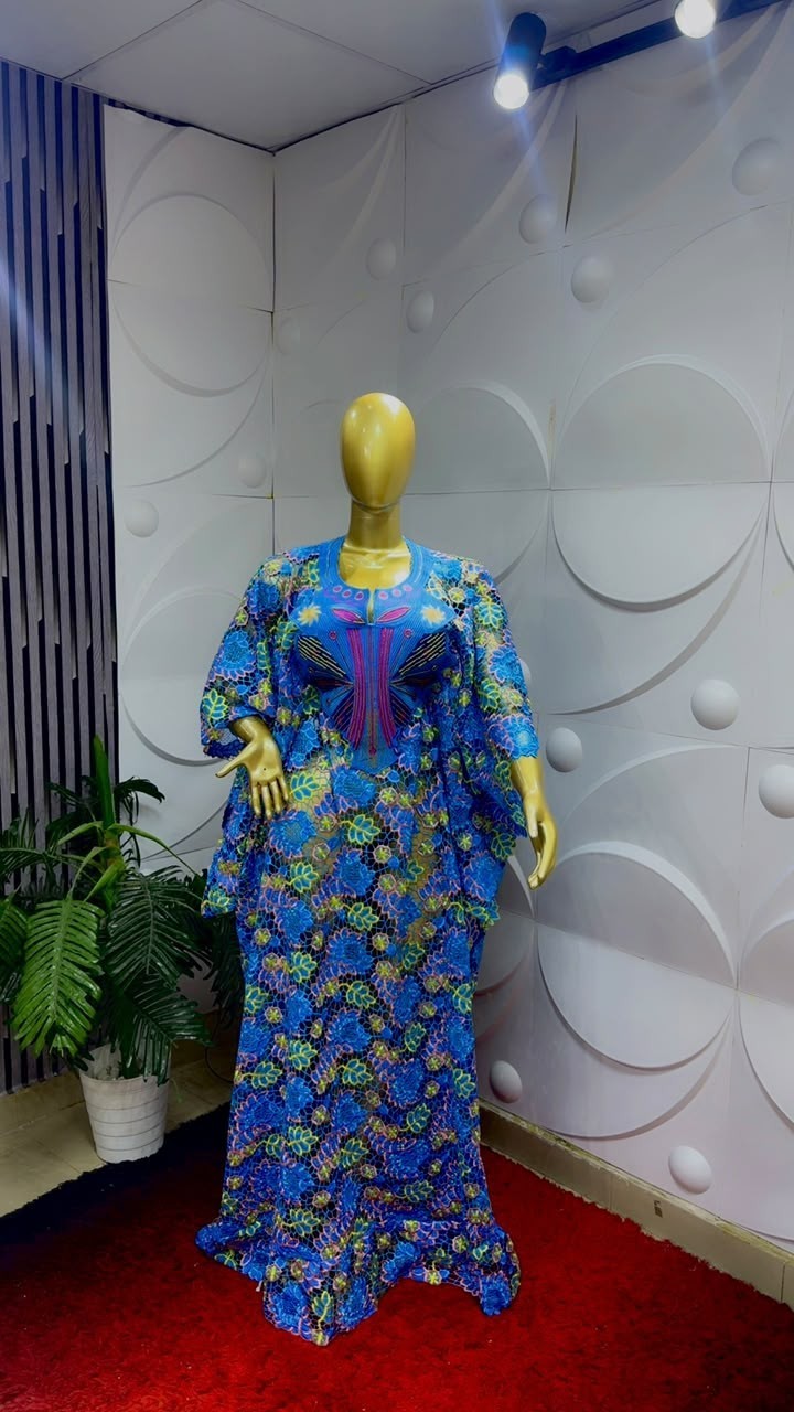 Women Nigerian Lace Kaftan/Boubou Maxi Dress Multicolour Circle Panel One Size
