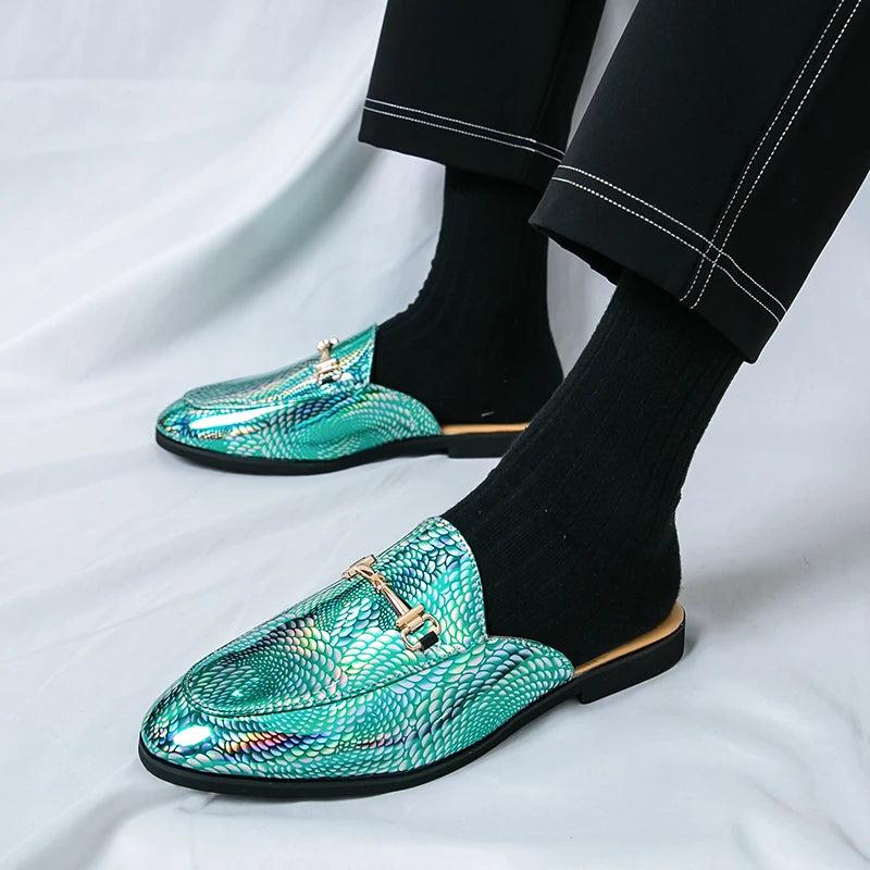 Fashion Brand Men's Cool Snake Skin Pattern Comfortable Half Back Leather Shoe Summer Men Breathable Bottom Casual Leather Shoes