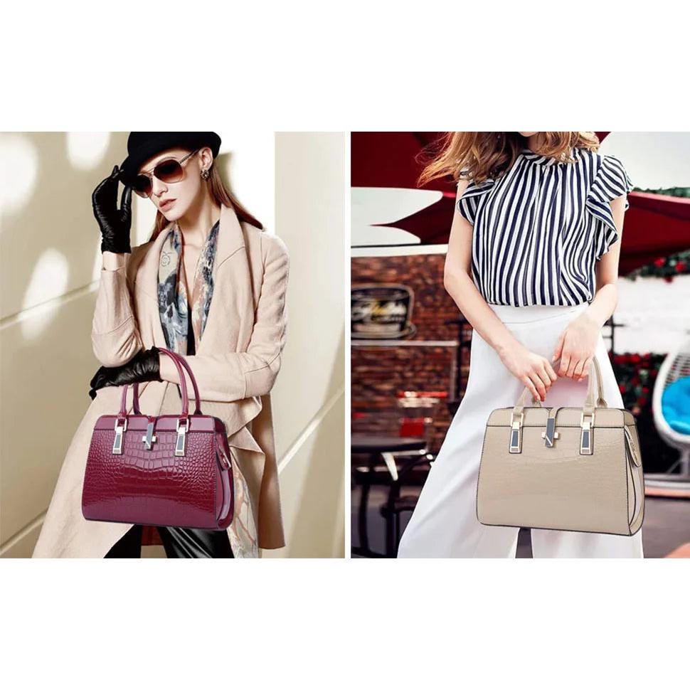Luxury Brand Crocodile Women Tote Bag Bright Leather Women Handbag Purse Shoulder Bag Female Top-handle Bags Commuting Shopping