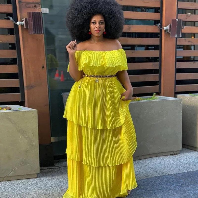 Women's Chiffon One-shoulder Pleated Maxi Dress Sexy Off-the-shoulder Waist Cake Skirt Party Holiday Beach Dress Women Clothing