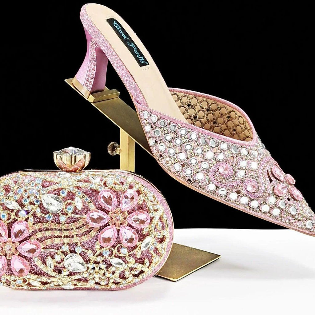2024 New Design Specials Italian Women Heels Shoes and Bag in Pink Color Comfortable Heels With Rhinestone for Part