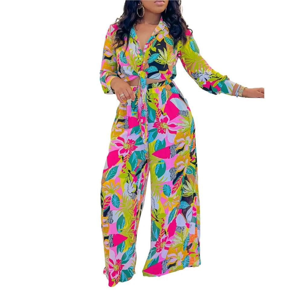 2024 Spring Summer New Long Sleeved Printed Suit For Women Fashion Lapel Single Breasted Shirt Wide Leg Trousers Two Piece Set