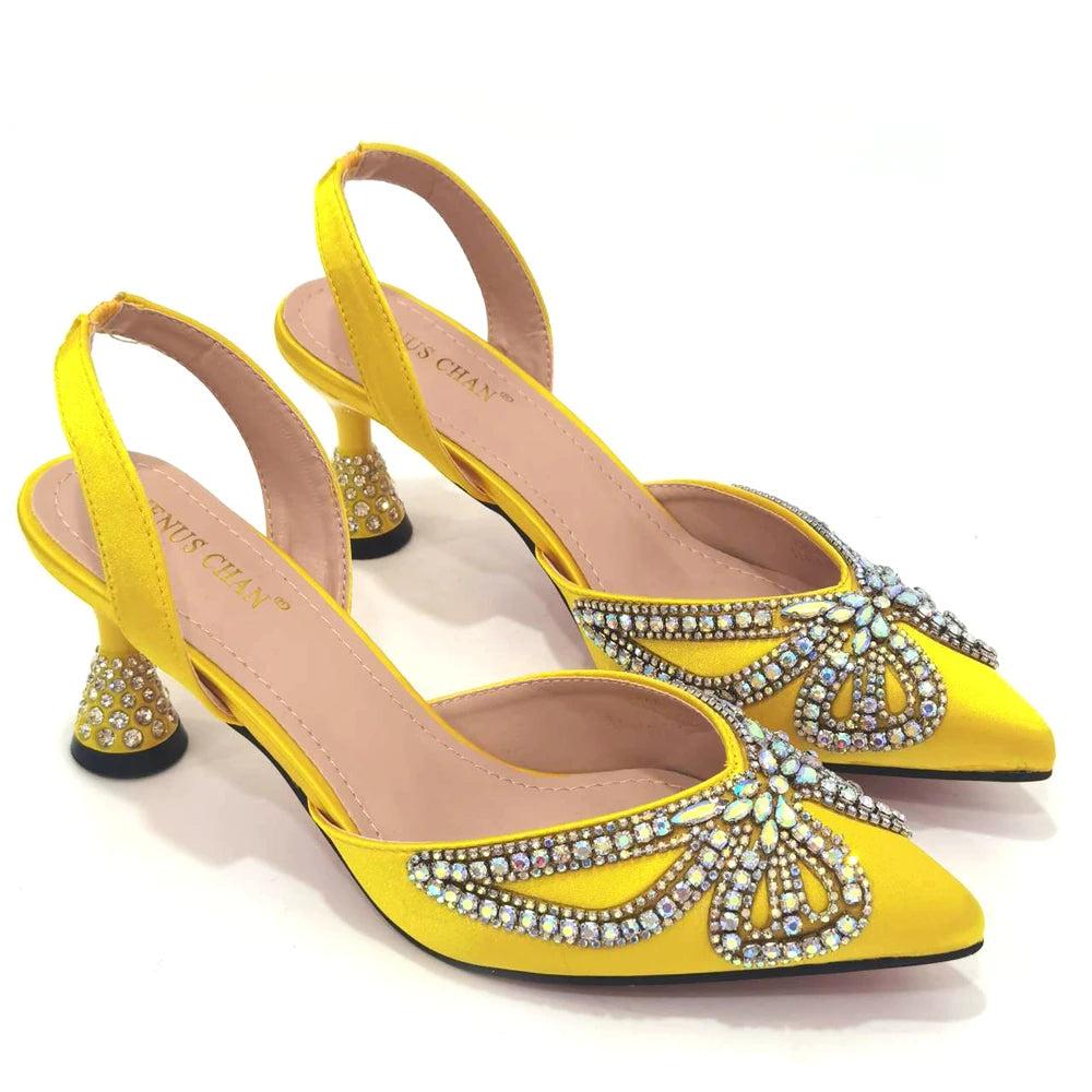 Yellow Classy Bowknot Pointed Toe Women's Shoes High Heel Elegant Sandals Shallow Mouth Shoes Bag Set Women