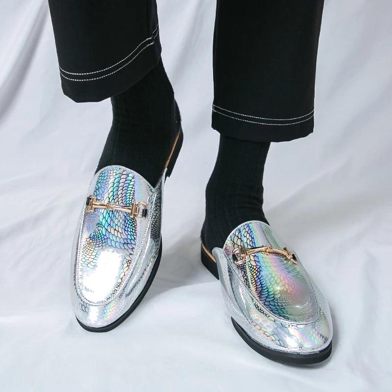 Fashion Brand Men's Cool Snake Skin Pattern Comfortable Half Back Leather Shoe Summer Men Breathable Bottom Casual Leather Shoes