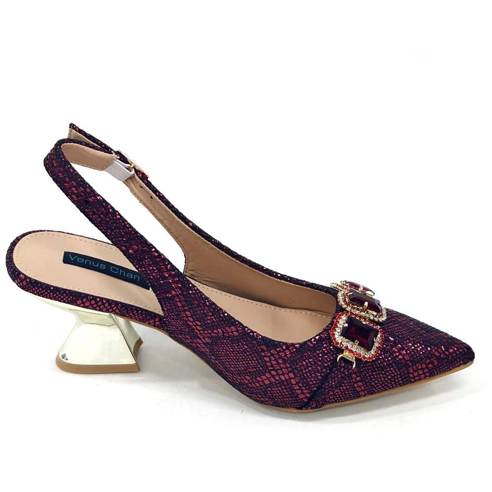 Rhinestone Pointed-Toe High Heels Shoes and Bags Set for Women Wedding and Party Elegant Luxury Fashion in Wine Color