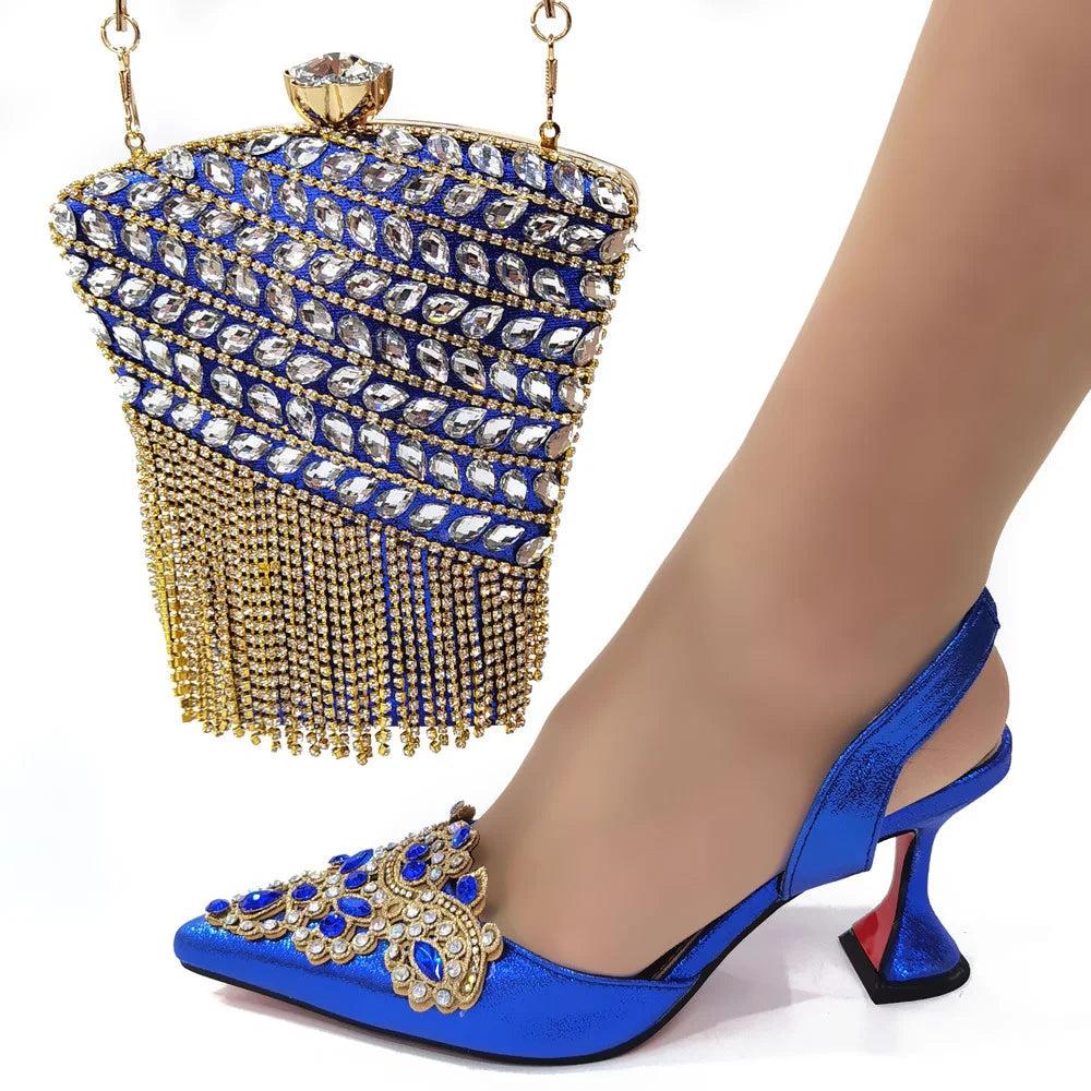 Gold Woman Shoes And Bag Set Luxury Ladies Stones Pumps Match With Handbag Sandals Clutch Purse Escarpins Femme Sandales CR949