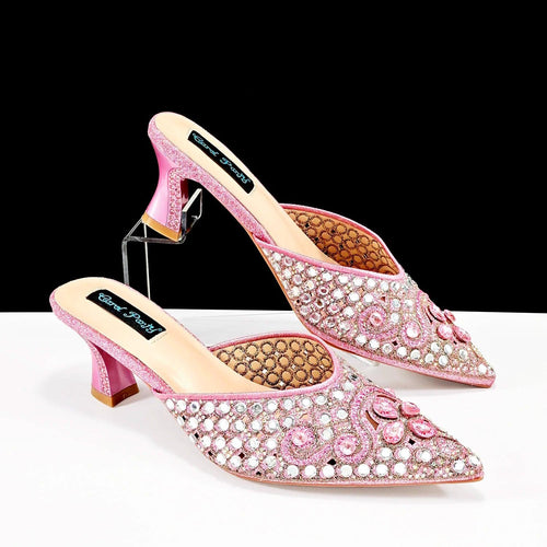 2024 New Design Specials Italian Women Heels Shoes and Bag in Pink Color Comfortable Heels With Rhinestone for Part