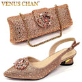 Elegant And Sexy Champagne Color High Heels Shoes And Bag With Rhinestone Embellished Toe Is Comfortable Women's Shoes For Party