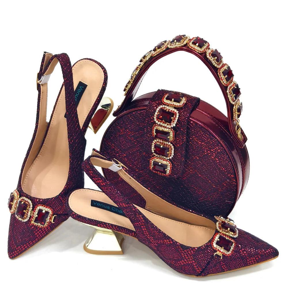 Rhinestone Pointed-Toe High Heels Shoes and Bags Set for Women Wedding and Party Elegant Luxury Fashion in Wine Color