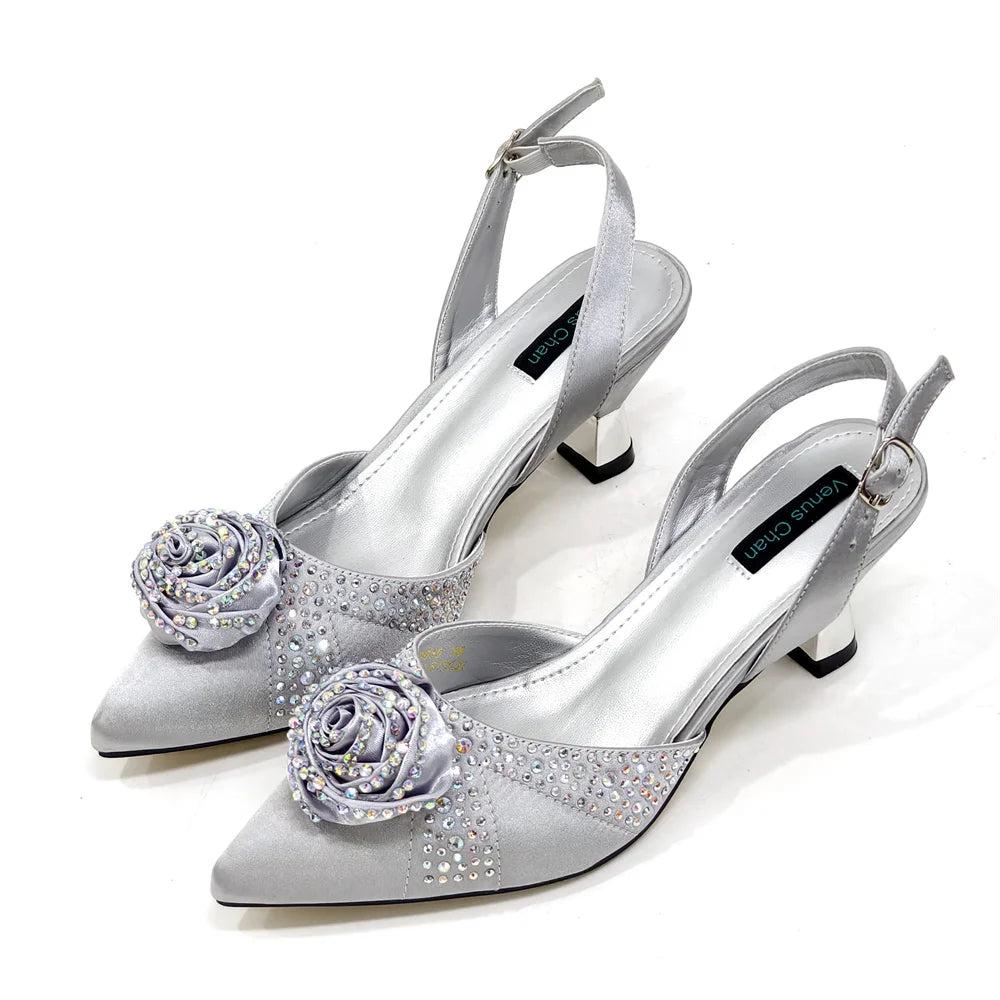 2025 Nigeria Popular New Elegant Sliver Color High Heels Sandals for Simple And Versatile Exquisite Party Shoes And Bag Set