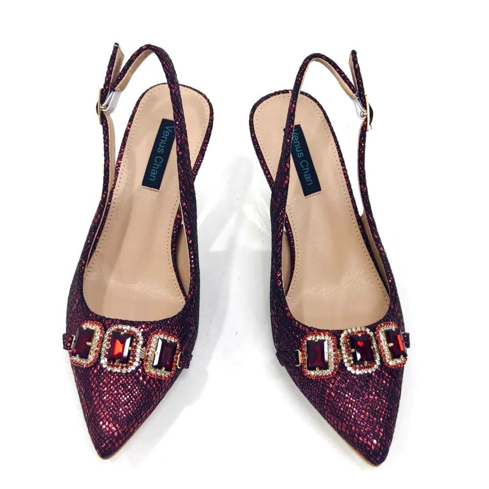 Rhinestone Pointed-Toe High Heels Shoes and Bags Set for Women Wedding and Party Elegant Luxury Fashion in Wine Color