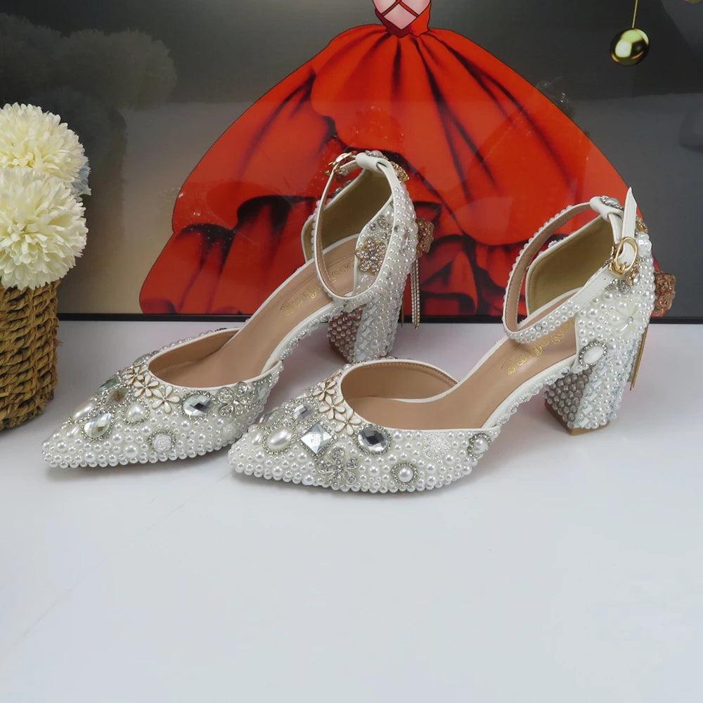 white Bridals Party shoes and bag Set Thin Heel Pointed Toe Women Pearl Evening Party shoes Buckle Ankle Strap Shoe Bag Set