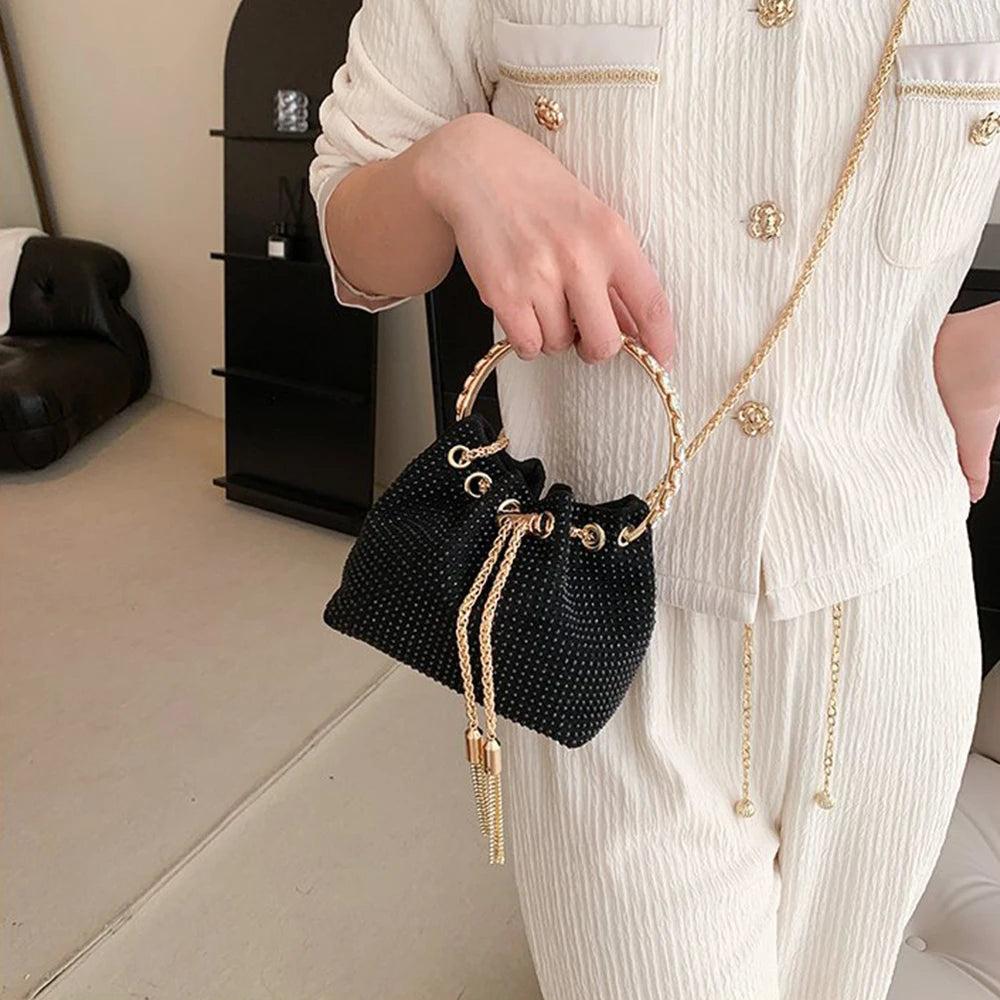 Candy Color Diamonds Bucket Bag Round Handle Handbags Drawstring Shoulder Crossbody Bags for Women 2023 Rhinestone Evening Bag