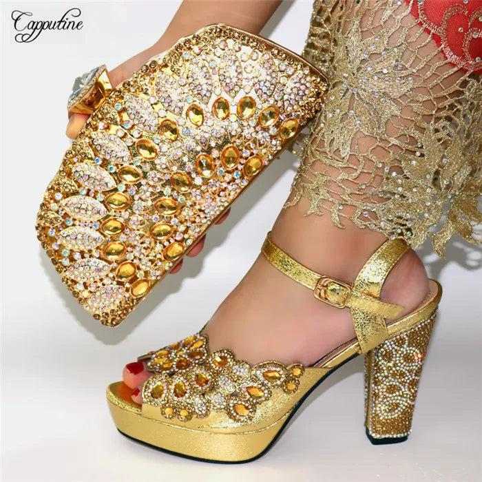 Fashion Gold High Heels Shoes And Purse Bag Set Woman Luxury Sandals Matching With Clutch Handbag Pumps Clutch CR178 11.5cm