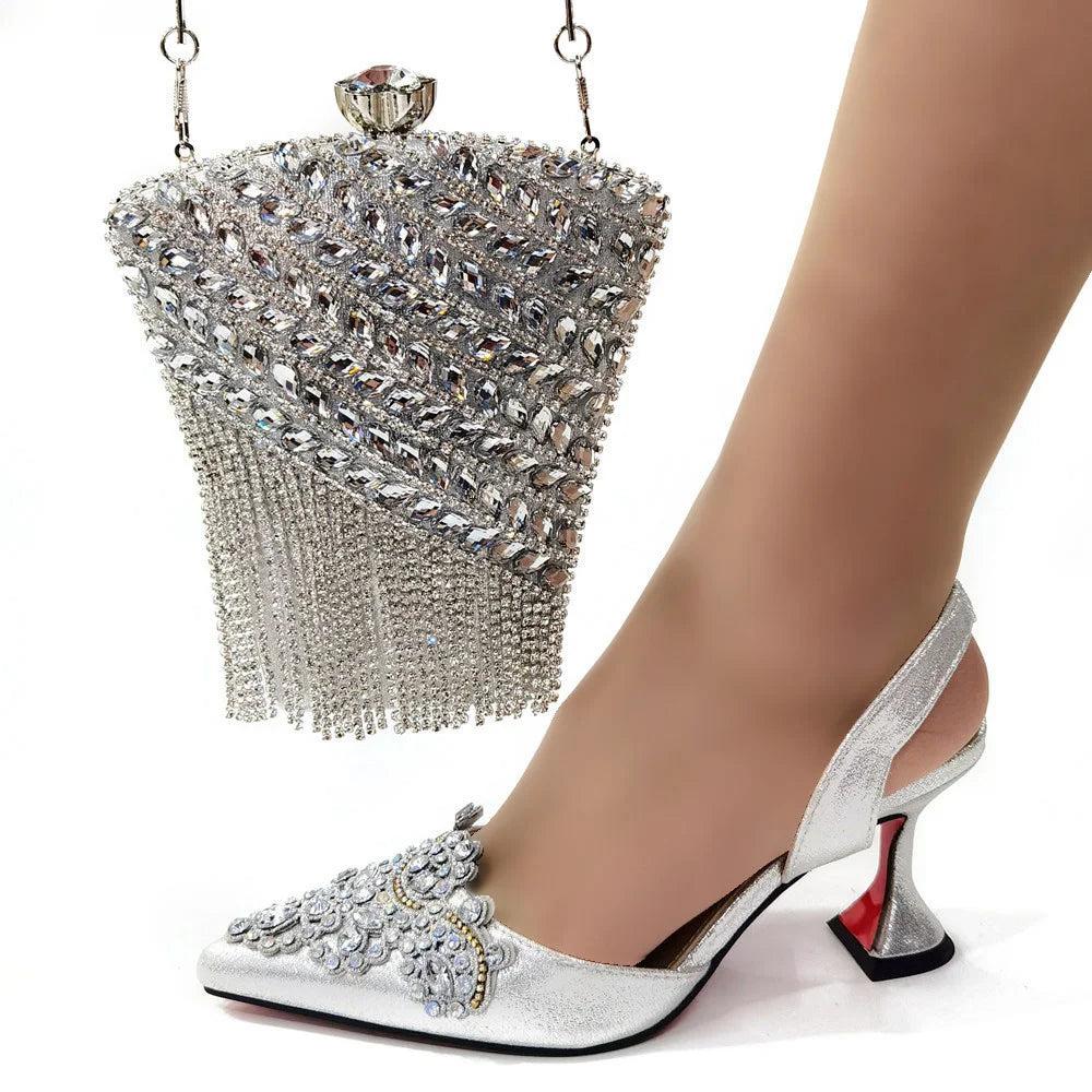 Gold Woman Shoes And Bag Set Luxury Ladies Stones Pumps Match With Handbag Sandals Clutch Purse Escarpins Femme Sandales CR949
