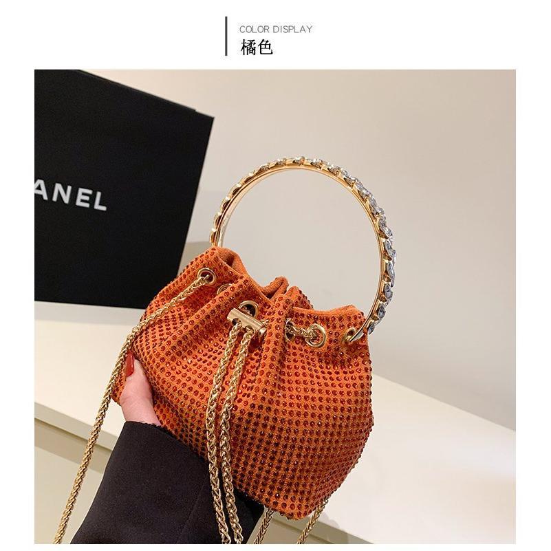 Candy Color Diamonds Bucket Bag Round Handle Handbags Drawstring Shoulder Crossbody Bags for Women 2023 Rhinestone Evening Bag