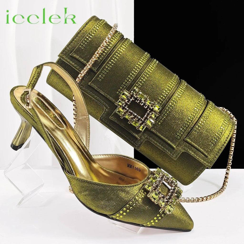 2025  Olive Green Rhinestone High Heels Pointed Toe Mixed Color Sexy Ladies Shoes With Clutch Bag Set For Luxury Wedding Party