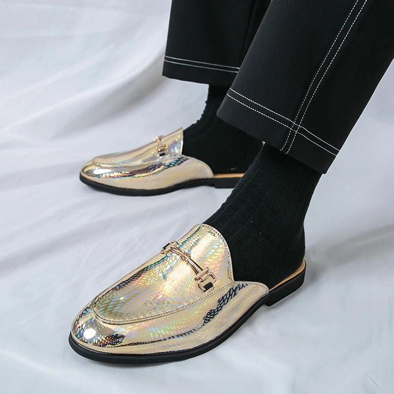 Fashion Brand Men's Cool Snake Skin Pattern Comfortable Half Back Leather Shoe Summer Men Breathable Bottom Casual Leather Shoes