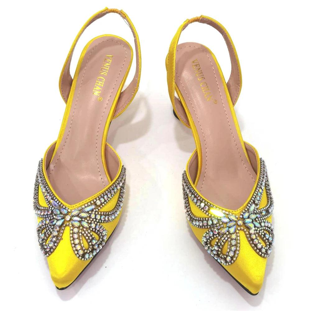 Yellow Classy Bowknot Pointed Toe Women's Shoes High Heel Elegant Sandals Shallow Mouth Shoes Bag Set Women