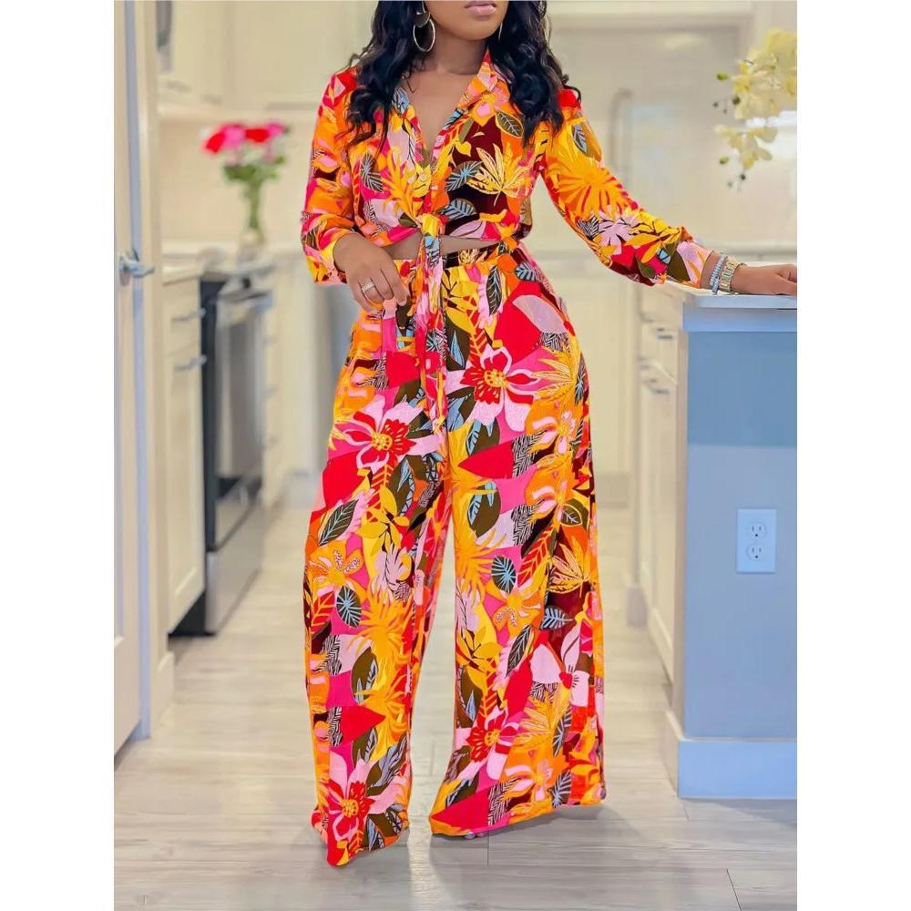 2024 Spring Summer New Long Sleeved Printed Suit For Women Fashion Lapel Single Breasted Shirt Wide Leg Trousers Two Piece Set