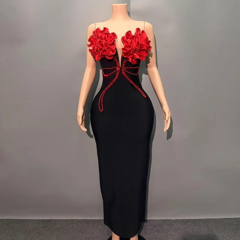 Women summer Fashion black sexy flower rhinestone off shoulder slim bandage dress elegant evening party dress