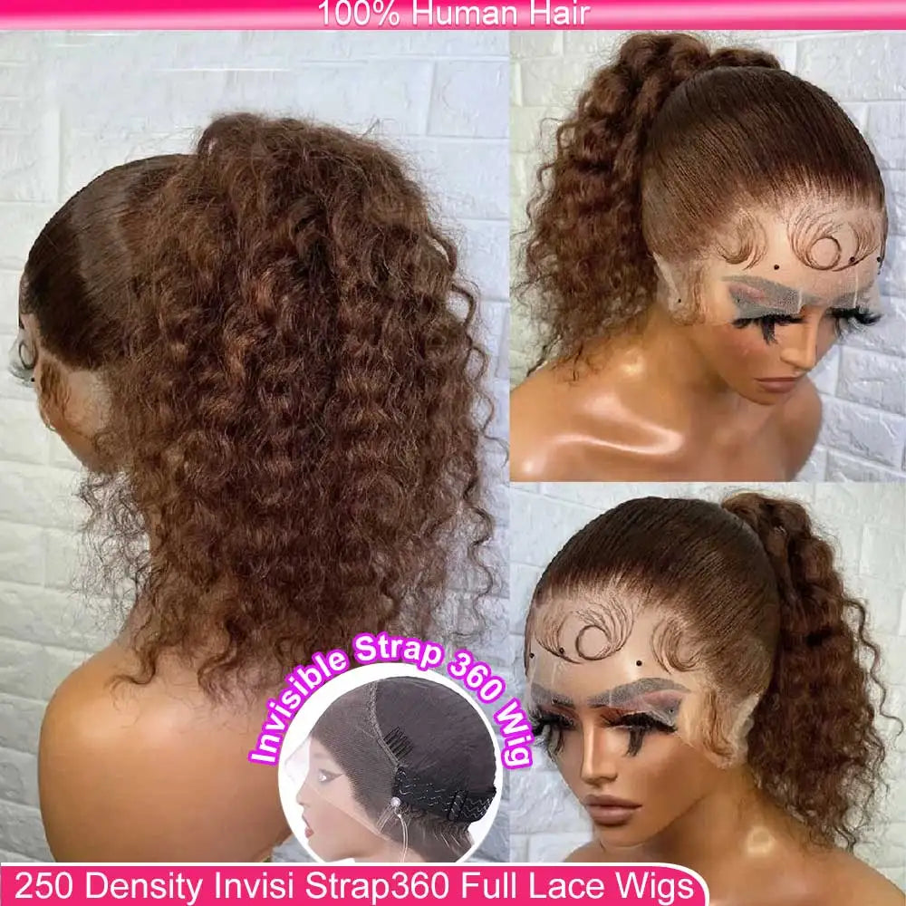 Invisi Strap 360 Full Hd Lace Frontal Wig 250 Density Chocolate Brown 30 Inch Deep Wave Lace Front Wig Glueless Wig Human Hair