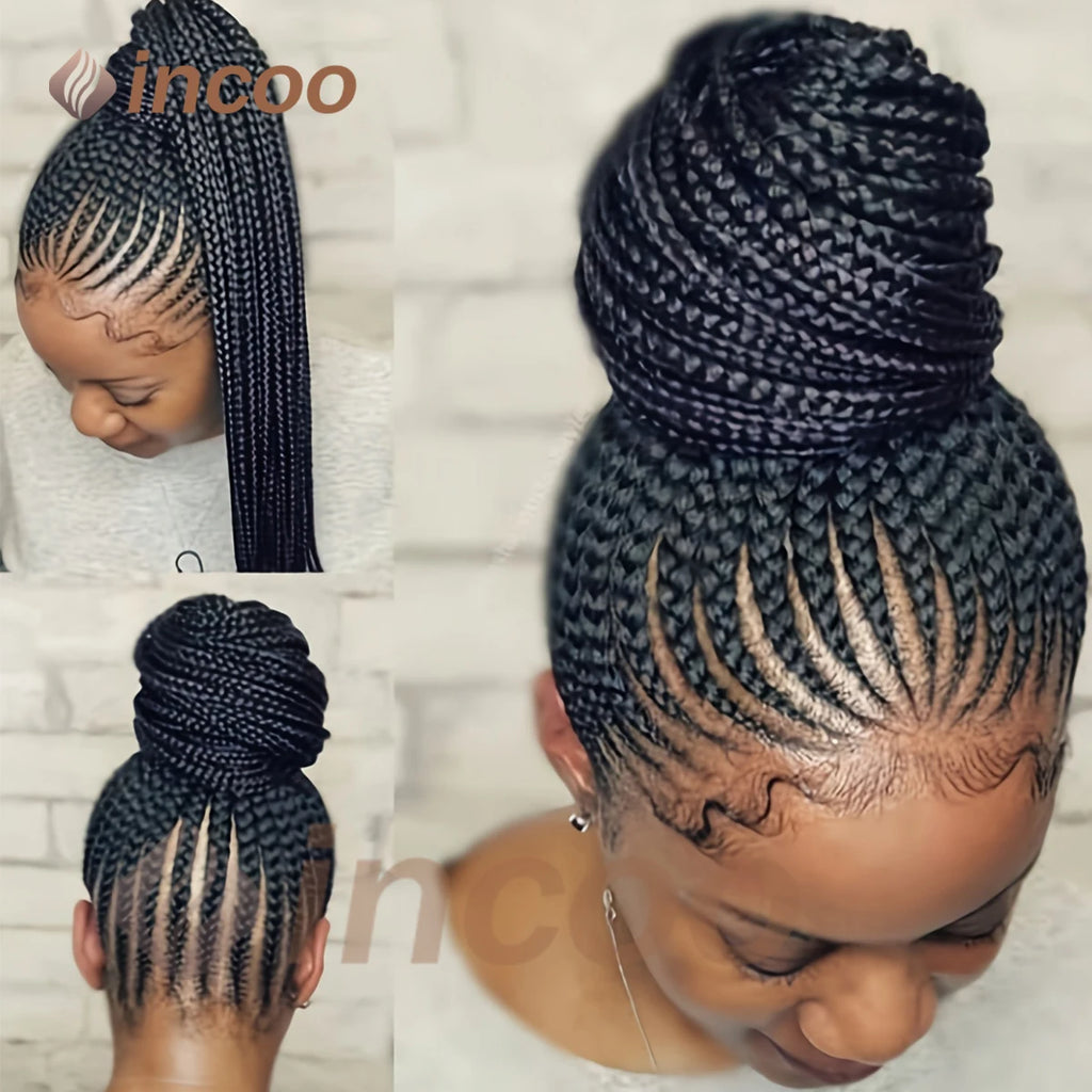 30" Synthetic Updo Braided Wigs Super Lightweight Full Lace Wig Knotless Ponytail Box Braids Wig For Women With Baby Hair